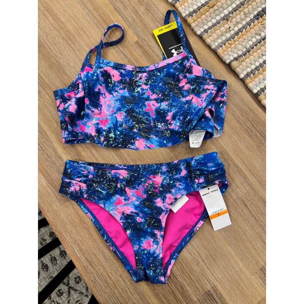 NWT UA Under Armor Girls  Galaxy Swim Set - Size 7 Blue and Pink Two Piece